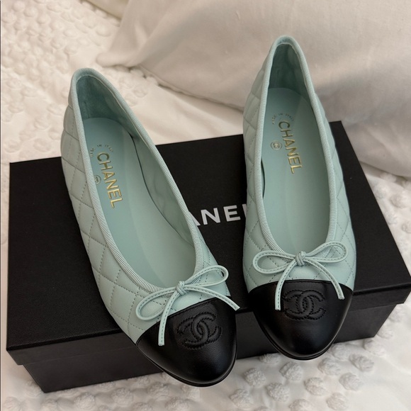CHANEL Shoes - CHANEL Light Blue Black Toe Ballerina Flats Lambskin 38 Brand New in Box